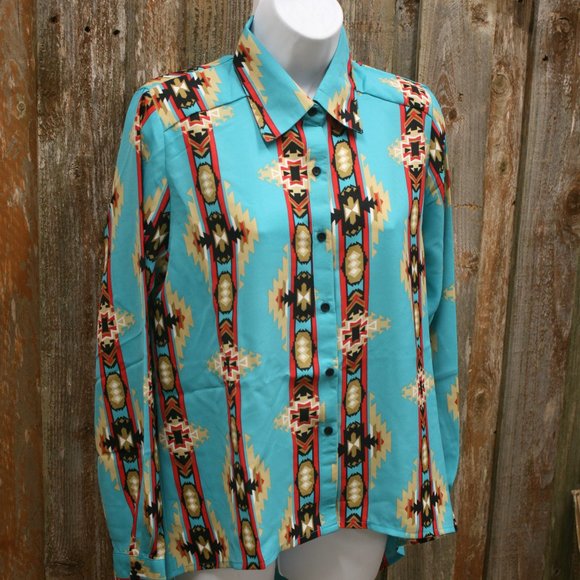 **Last One** Turquoise Aztec Print Blouse Chiffon Open Back NWT - Picture 4 of 7